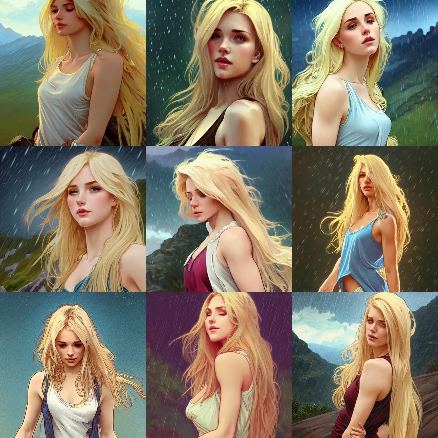 Prompt: a gorgeous woman with long light-blonde hair wearing a low cut tanktop, standing in the rain on top of a mountain, highly detailed, artstation, concept art, sharp focus, illustration, art by artgerm and alphonse mucha