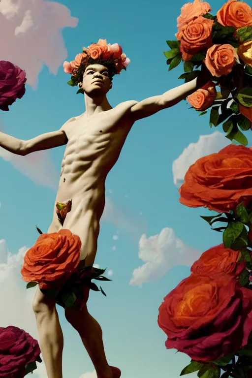 Image similar to milky quartz statue of a beautiful basquiat wearing a crown full of peach roses and reaching to the sky. rococo style decorations, background heavenly sky, marble columns, Trending on artstation. halo. octane render, cinematic, hyper realism, octane render, 8k, depth of field, 3D