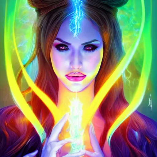 Image similar to sorceress by artgerm, brunette, casting a spell, rainbow coloured magic sparks, full body