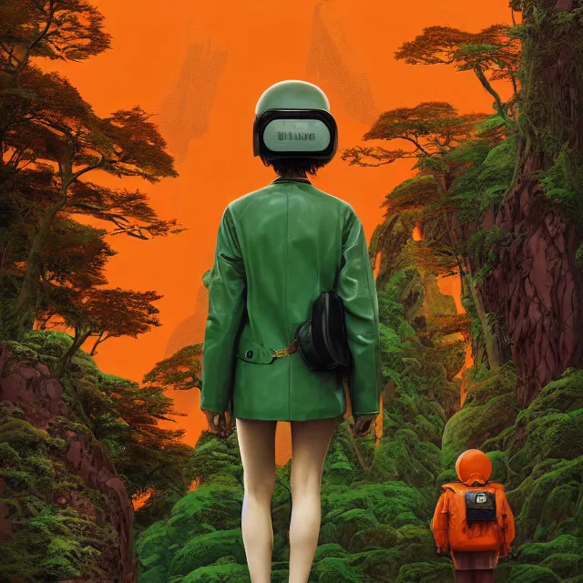 Prompt: portrait of alone androgynous girl wearing long orange vintage leather coat and wearing giant modular synthesizer 8 0 s sony stereo helmet and backpack. bakelite cliffs, moss green japanese forest background, ultrafine hyperdetailed illustration by hsiao - ron cheng and artgerm, the grand budapest hotel, glow, no crop, digital art, artstation, pop art