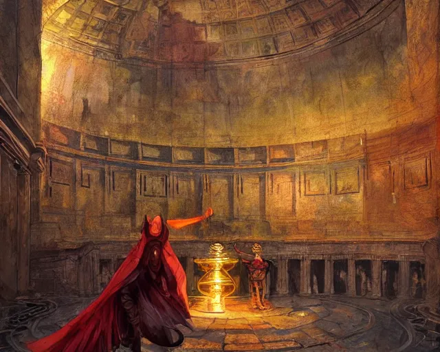 Prompt: a high fantasy warlock creating spells in the pantheon, artwork by marc simonetti