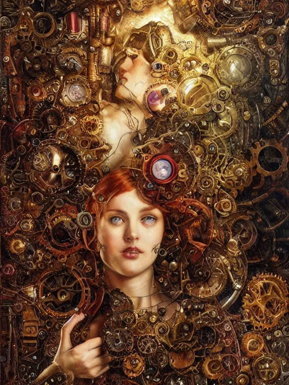 Image similar to a steampunk rose sword piercing a human heart who embellished gears wheels and gemstones,in the rain,by William Holman Hunt,Greg Rutkowski,Stanely Artgerm,peter gric,aaron horkey,trending on pinterest,luxury,mythological,ultra realistic,high detail,concept art,golden ratio,cinematic lighting,maximalist