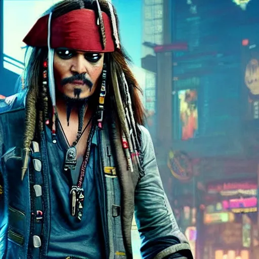 Prompt: jack sparrow in the game of cyberpunk 2 0 7 7