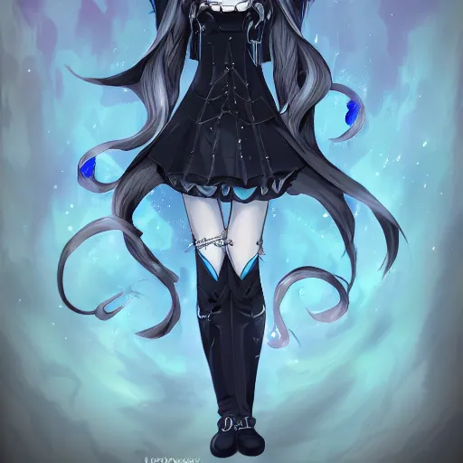 Image similar to beautiful female wizard, blue eyes, black clothing, daughter of death, cute, anime cartoon drawing, highly detailed, featured on artstation