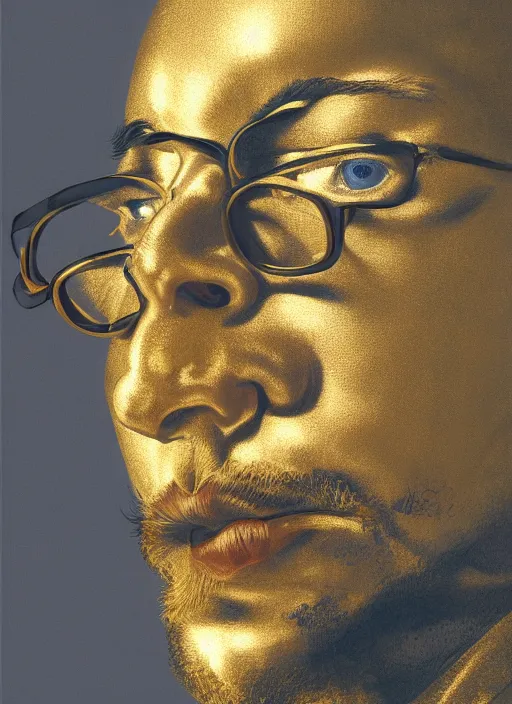 Prompt: Sam Hyde in gold suit, sigma male, accurately portrayed, portrait art by Salvador Dali, highly detailed, digital painting, concept art, illustration, dim lighting with twilight rays of sunlight, trending on artstation, very detailed, smooth, sharp focus, octane render, close up