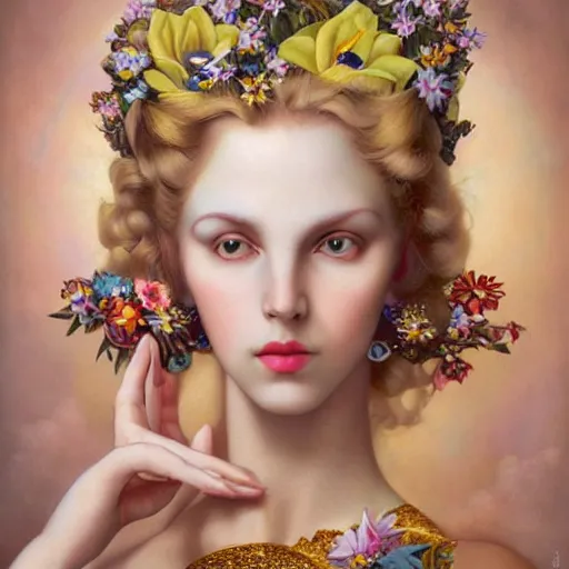 Prompt: centered portrait composition, woman with blonde hair full of spring flowers wearing ornate earrings, ornate gilded details, pastel colors, a surrealist painting by tom bagshaw and jacek yerga and tamara de lempicka and jesse king, wiccan, pre - raphaelite, featured on cgsociety, pop surrealism, surrealist, dramatic lighting