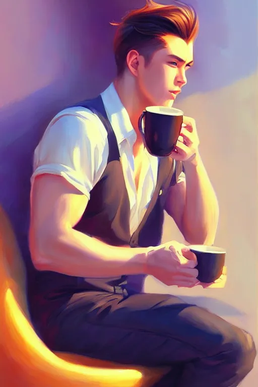 Image similar to attractive man drinking coffee, sunset, painting by ross tran, vladimir volegov, j. c. leyendecker, tom of finland, trending on artstation