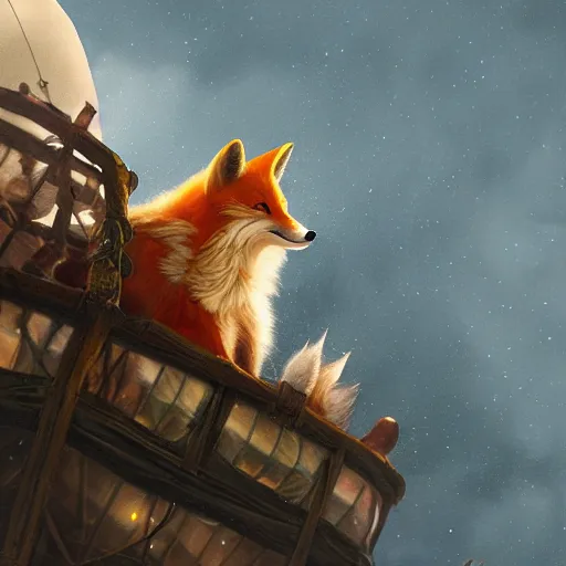 Prompt: close-up anthropomorphic fluffy fox in the hot air balloon, night, moonlight, clouds around, mist, unreal engine, octane render, dramatic lighting, digital art, by Stanley Artgerm Lau, greg rutkowski, thomas kindkade, alphonse mucha, loish, norman Rockwell,