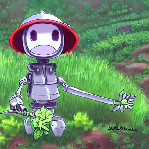 Image similar to cute robot made of plants wearing tomato hat and a chive sword, made in abyss style