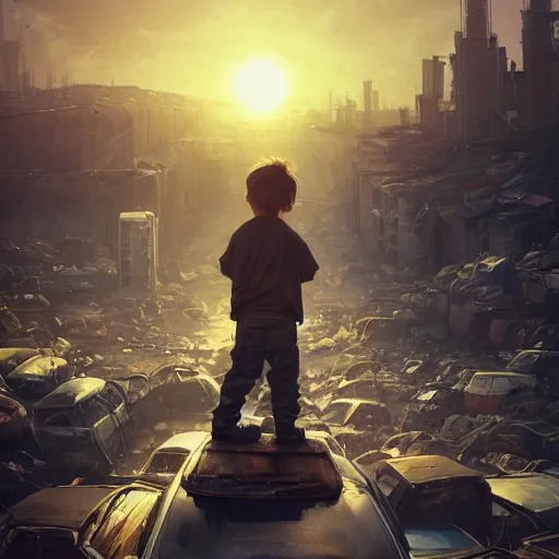 Image similar to kid standing on pile of cars on garbage dump, wasteland city, sunset sky, nostalgia feeling, greg rutkowski, alphonse mucha, trending on artstation, 4 k highly detailed art, digial art, karl schulschenk, dmitriy eremenkov