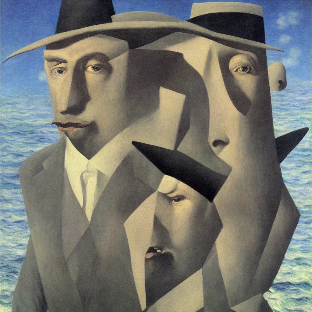 Image similar to super up close, self portrait of a shark humanoid man, by rene magritte, monet, and turner