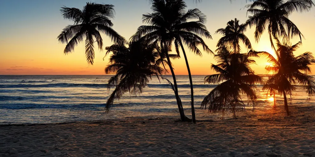 Image similar to highly detailed photograph of a palm covered office on a beach with waves crashing behind it at sunset