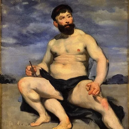 Prompt: Olympia by Édouard Manet, but as a muscular man