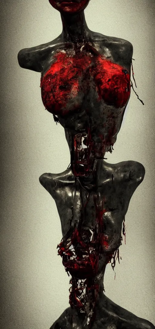 Prompt: old rotting mannequin staring at center of screen with wide bloodshot eyes, horror art, body horror, disturbing, intense, artstation, dramatic, scary, 4K, realistic,