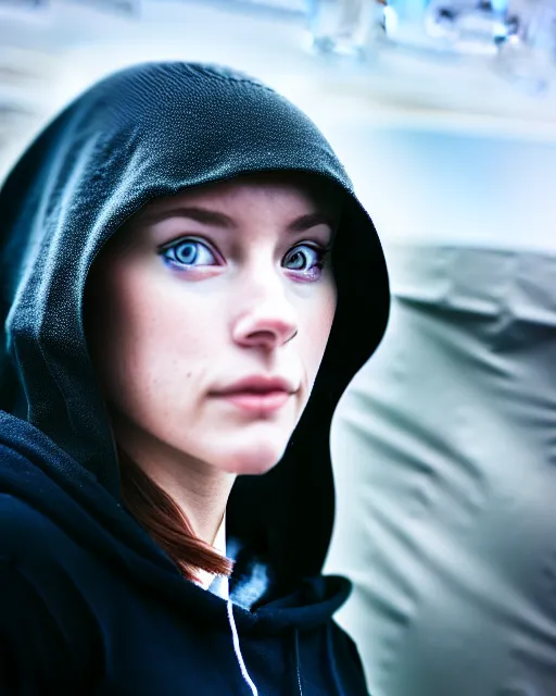 Image similar to an extremely detailed masterpiece portrait of a beautiful dark hooded nordic female out of focus spaceship technology in background, 3 5 mm, cinematic shot, photorealistic, depth of field