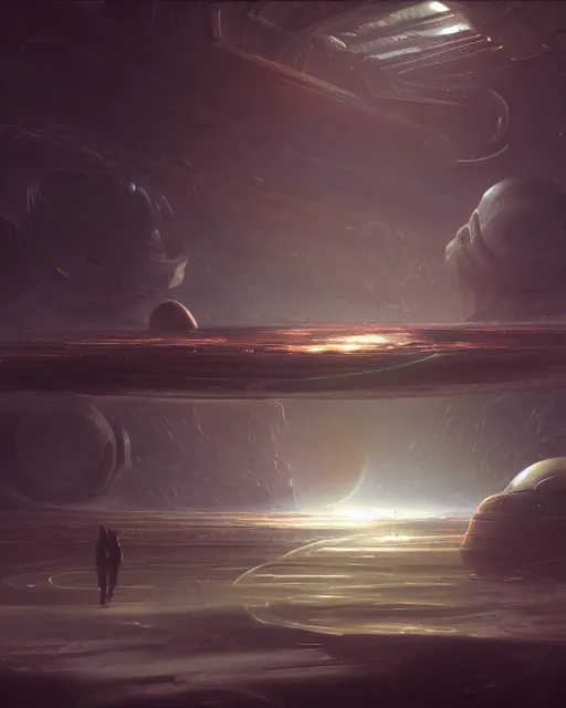 Image similar to A matted painting of Aliens of the Sun on a spaceship environment with expansive views of space, inspired by greg rutkowski and Keith Mallett, digital art, extremely moody lighting, glowing light and shadow, atmospheric, shadowy, cinematic