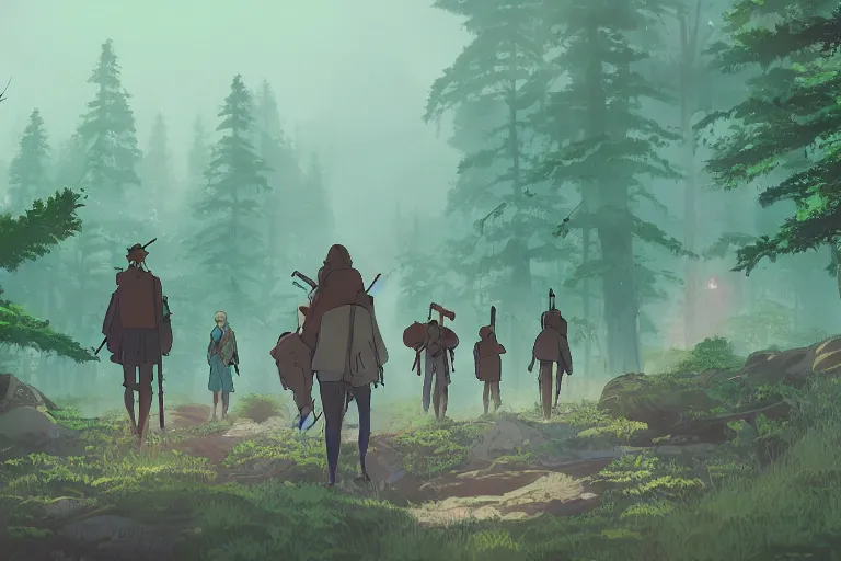 Image similar to cell shaded key visual of a group nomads hunting in a misty forest at dawn in the style of studio ghibli, moebius, makoto shinkai,