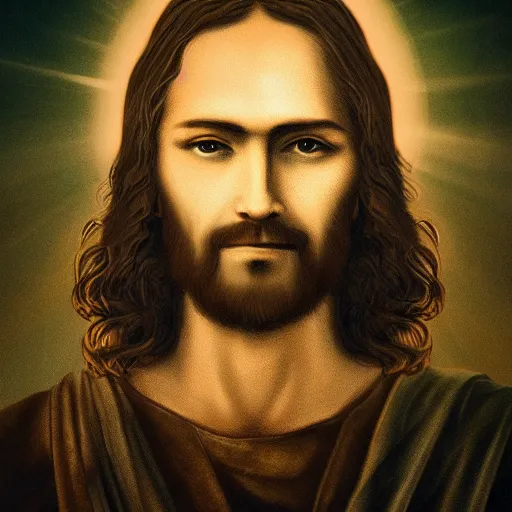 Image similar to Jesus portrait in beautiful dark landscape in the style of Dao Trong Le , intricate, epic lighting, cinematic composition, hyper realistic, 8k resolution,