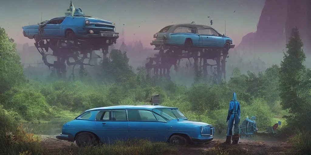 Image similar to blue knight sits on top of a green car, elegant scene, indian forest, wide angle, cinematic, ultrarealistic, trending on artstation, cgsociety, highly detailed, color graded, rendered in unreal engine 4 k hq, matte painting, by simon stalenhag, horizon forbidden west