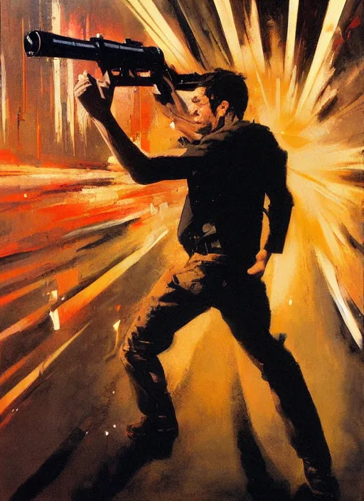 Prompt: tobuscus pointing a gun, shooting, muzzle flash, enraged, painting by phil hale, 'action lines'!!!, graphic style, visible brushstrokes, motion blur, blurry