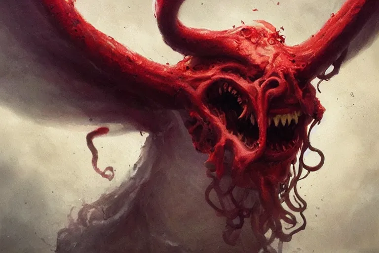 Image similar to painting by greg rutkowski of a flying crying human head and face that is chalk white in color, with tentacles coming of the neck, fiery red eyes, flying in a terrying hell like cavernous place