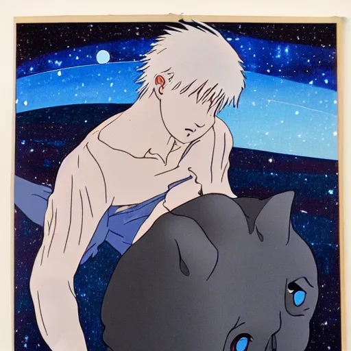 Image similar to Spirited away dark blonde guy with blue eyes in space