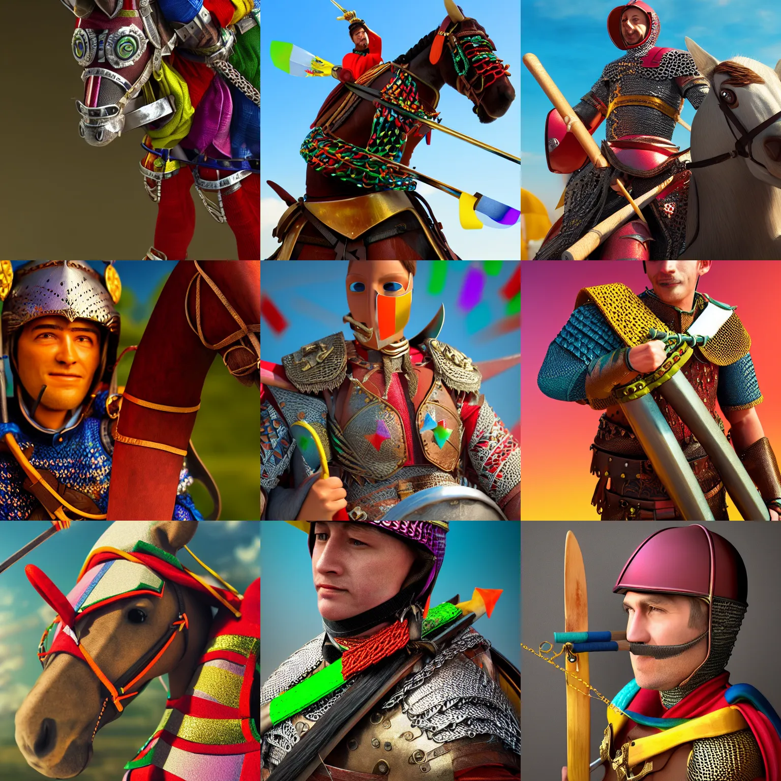 Prompt: close - up portrait of colorful rider holding couched jousting lance, caparisons, galloping, chainmail, octane render