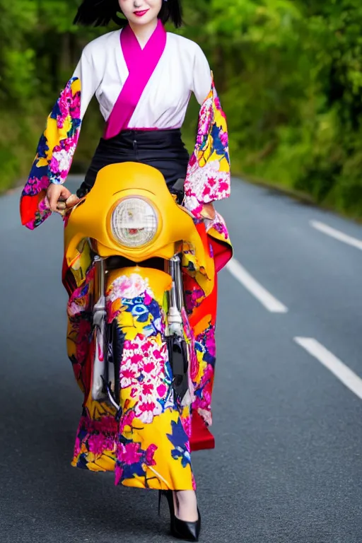 Image similar to full - length photo, young woman, riding a motorcycle, wearing japanese kimono, high heels, 4 k, colourful