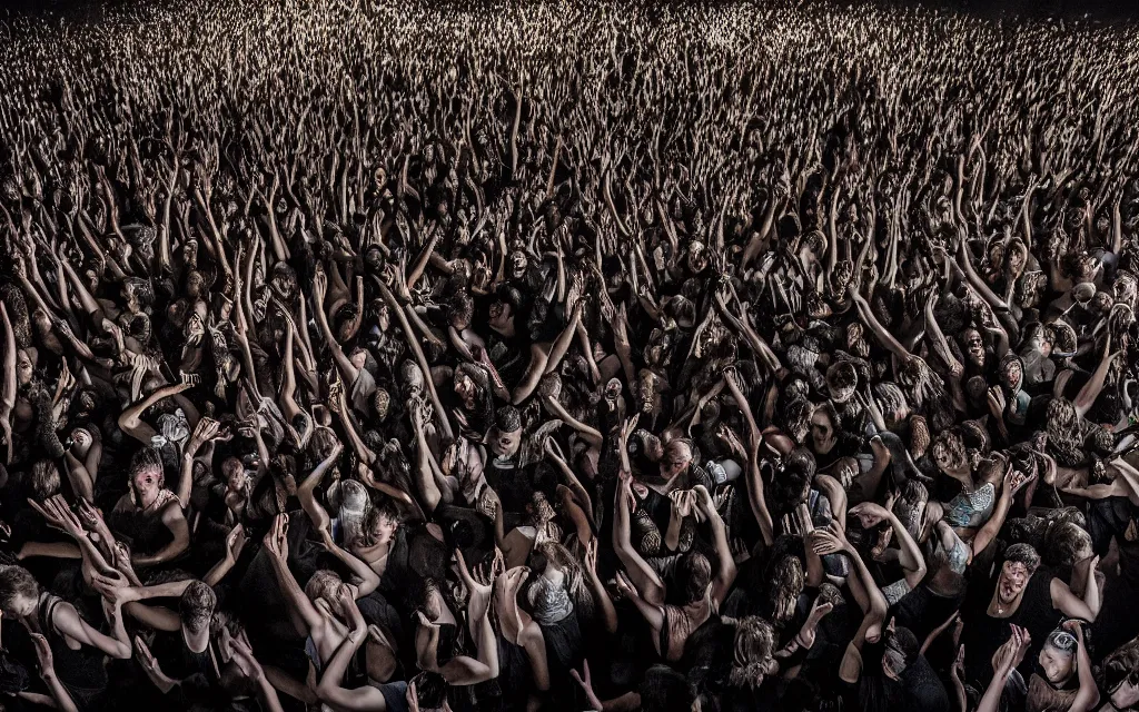 Image similar to photography of a techno party, a giant wave of people with shiny eyes wearing black clothes dancing, gregory crewdson, erwin olaf, epic composition, 4 k,