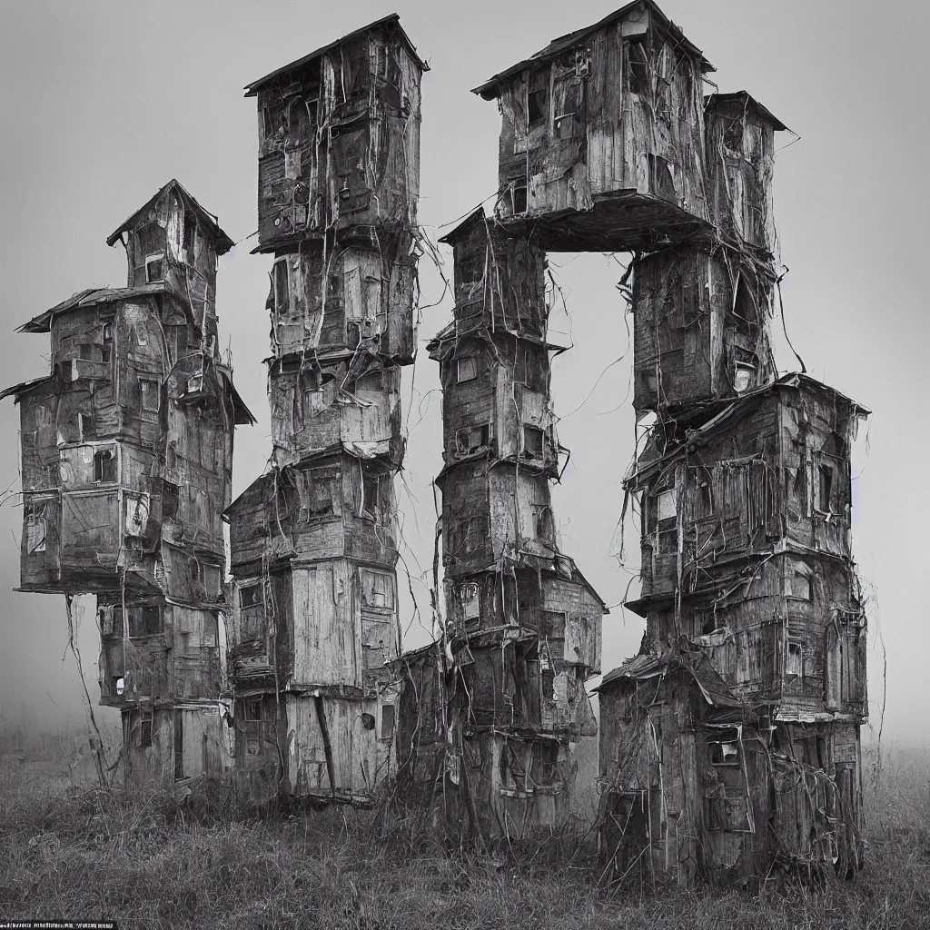 Image similar to two towers, made up of makeshift squatter shacks, misty, dystopia, mamiya rb 6 7, fully frontal view, very detailed, digital glitches, photographed by jeanette hagglund