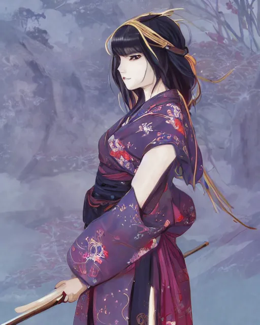 Image similar to A full-body anime portrait of Ssunbiki as a beautiful woman wearing a kimono from Skyrim, by Stanley Artgerm Lau, WLOP, Rossdraws, James Jean, Andrei Riabovitchevy, Marc Simonetti, and Sakimichan, trending on artstation