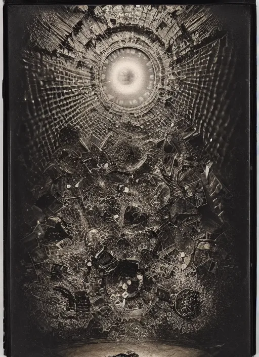 Prompt: old wetplate daguerreotype the opening of pandora's box, explosion of data fragments, fractal, intricate, elegant, highly detailed, parallax, leica, medium format, subsurface scattering, by jheronimus bosch and greg rutkowski and louis jacques mande daguerre