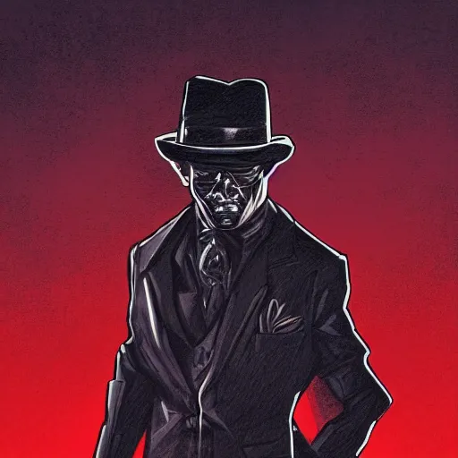 Prompt: comic book character of a man in black suit and black hat, he has a pistol, dark noir style, 4 k, highly detailed, digital art, strong shadows, high contrast, epic scene, atmospheric, cold colours