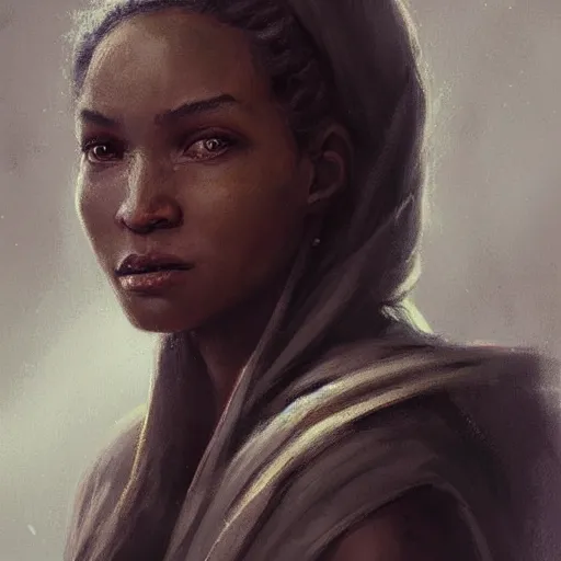 Image similar to portrait of a woman by greg rutkowski, youn jedi knight, black, afro hair, prettt, star wars expanded universe, she is about 2 0 years old, wearing jedi robes, highly detailed portrait, digital painting, artstation, concept art, smooth, sharp foccus ilustration, artstation hq