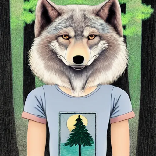 Image similar to Beautiful portrait drawing of an anthro anthropomorphic mint-wolf, wearing a cute pastel t-shirt, in Summer, at a forest. digital art