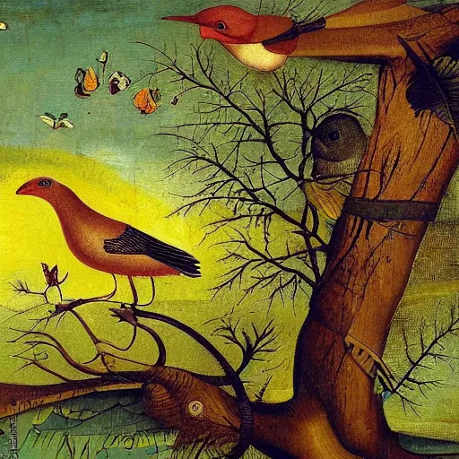 Image similar to A beautiful experimental art of a bird in its natural habitat. The bird is shown in great detail, with its colorful plumage and intricate patterns. The background is a simple but detailed landscape, with trees, bushes, and a river. bright yellow by Jack Davis, by Hieronymus Bosch rich