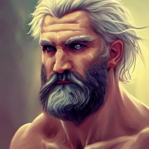 Prompt: painted portrait of rugged zeus, greek god, 4 0 years old, handsome, white hair, soft hair, upper body, muscular, hairy torso, fantasy, intricate, elegant, highly detailed, digital painting, artstation, concept art, smooth, sharp focus, illustration, art by artgerm