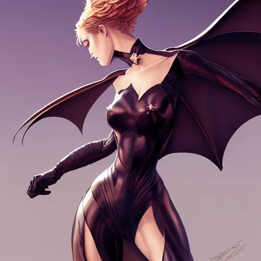 Image similar to 3 / 4 view of a portrait of bat woman with bat wings, confident pose, pixie, genshin impact,, intricate, elegant, sharp focus, illustration, highly detailed, concept art, matte, trending on artstation, anime, art by wlop and artgerm and greg rutkowski, marvel comics h 6 4 0