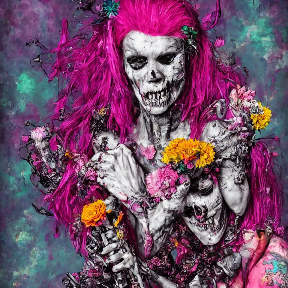 Prompt: ultra realistic portrait of a punk rock zombie with pink crystalline hair made out of flowers and fruit, vanitas, multicolored background, vivid colors, dramatic lighting, intricately detailed, photorealistic, frank frazetta, epic lighting, whimsical