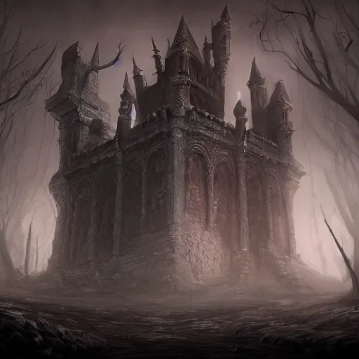 Image similar to A eerie, dark and mysterious, impressive, amazing concept art digital CG painting of a Necromancers castle, trending on ArtStation, Unreal Engine