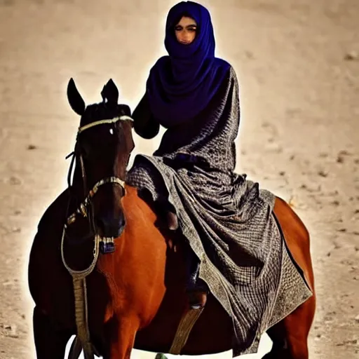 Image similar to beautiful burqa's woman, ride horse in saharan, dress like taliban, sharp eyes, photorealistic faces, handling riffle on chest, shooting pose, dust, cinematic, dynamic pose, pinterest