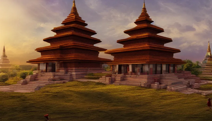 Image similar to matte painting of a beautiful mon - dvaravati village and buddhist temple and stupa made by brick, digital art, trending on artstation