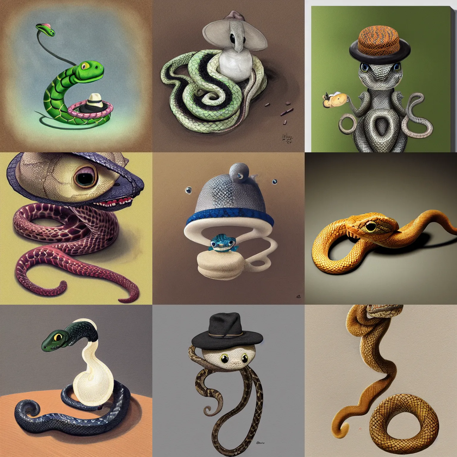 Prompt: realistic but cute snake with a cute hat on its head and with arms by aleksandra waliszewska and aoi ogata