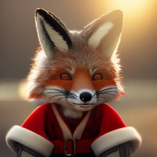 Prompt: cute fox, wearing santa hat, realistic cinematic lighting, establishing action shot, ultra detailed, hyper realism, photo, octane render, 8k, comedy, trending on artstation, set in ww2 germany, 50mm