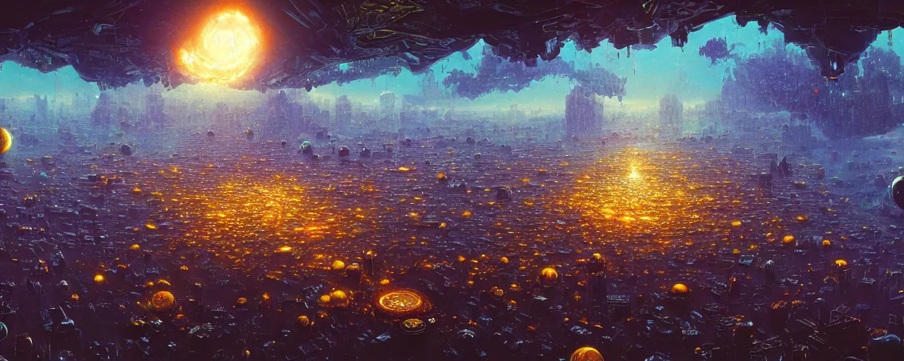 Image similar to outer planet covered in dripping honey with mega cities, [ art by paul lehr, cinematic, detailed, epic, widescreen, opening, establishing, mattepainting, photorealistic, realistic textures, octane render ]