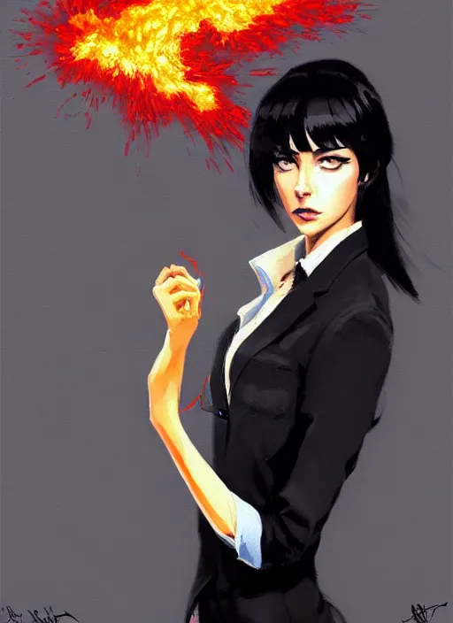 Image similar to a ultradetailed beautiful panting of a stylish woman wearing a shirt with a tie, she has black hair, bored, background firey explosion and riots, by ashley wood, ilya kuvshinov, greg rutkowski on artstation