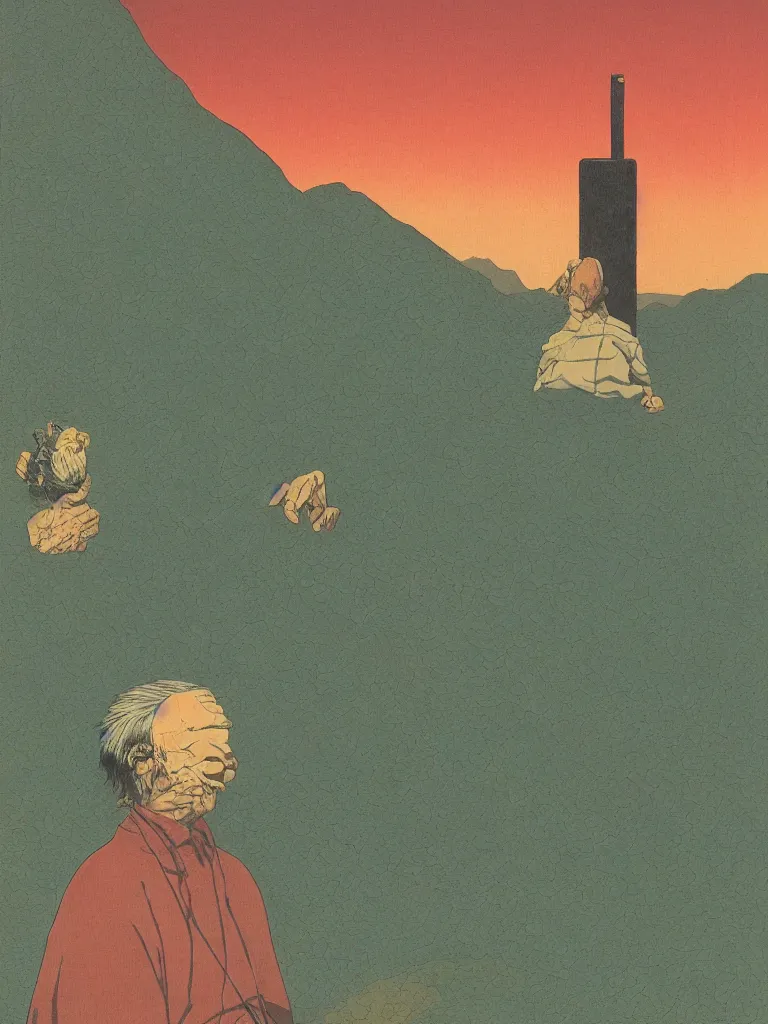 Prompt: a closeup portrait of an wise old man on mind altering drugs, lsd acid and dreaming psychedelic hallucinations in the mountains, by kawase hasui, moebius, edward hopper, colorful flat surreal design, dramatic lighting, hd, 8 k, artstation