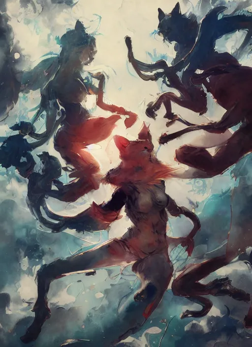 Image similar to surreal gouache gesture painting, by yoshitaka amano, by ruan jia, by Conrad roset, by dofus online artists, detailed anime 3d render of cats fighting,cats, portrait, cgsociety, artstation, rococo mechanical, Digital reality, sf5 ink style, dieselpunk atmosphere, gesture drawn