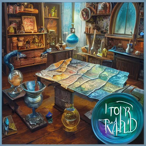 Image similar to hyper real, table, map, wizards laboratory, tony sart, mortar, pestle, scales, energy flowing, magic book, beakers of colored liquid