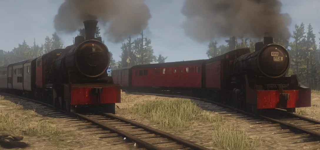 Image similar to A train in red dead redemption 2, pre-rendered cutscene, high quality image, widescreen, 8k, octane render